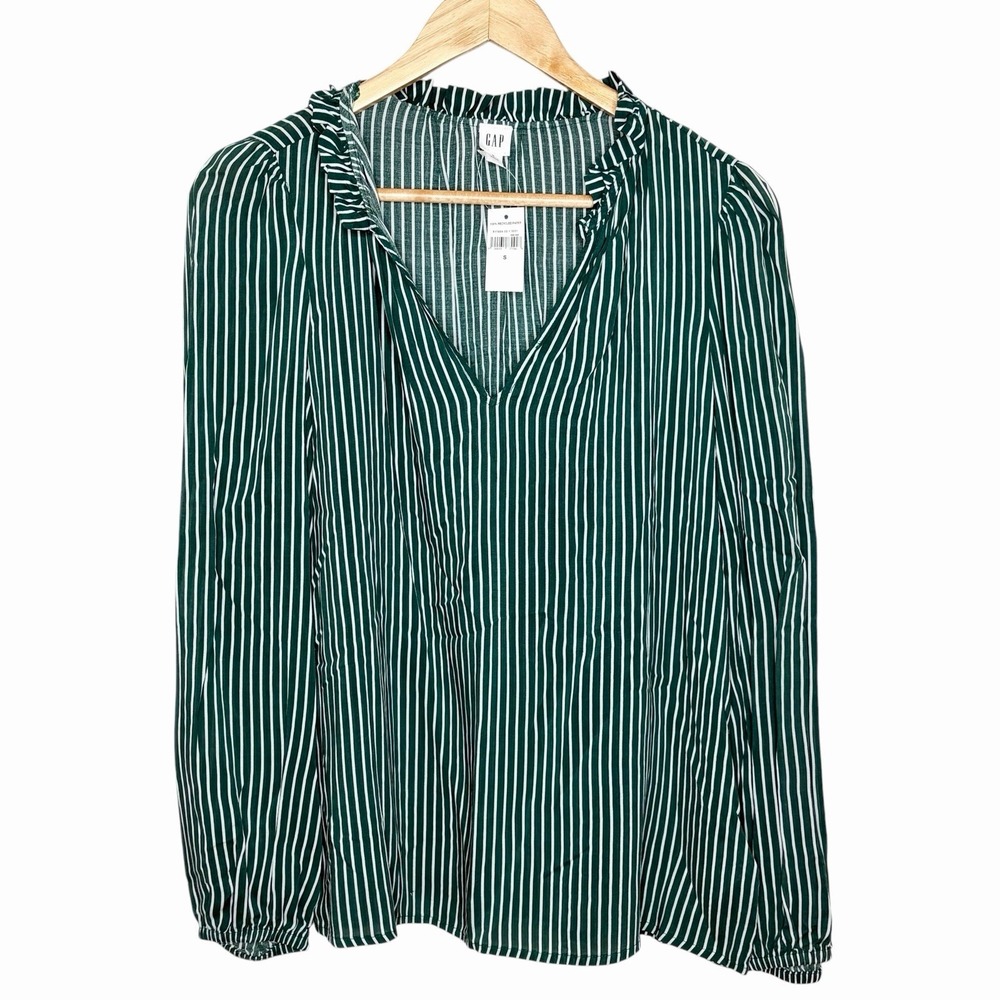 Gap Ruffled Striped Top Green Womens Small Preppy Heritage Career Office Work